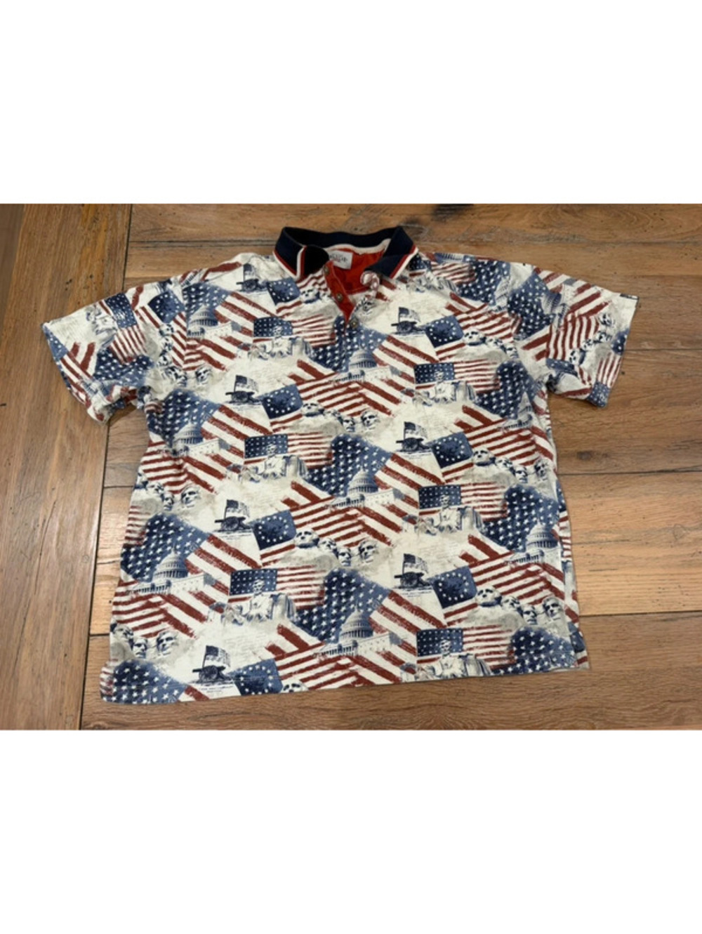 VTG American Legacy Patriotic All Over Print US Flag/Monuments Polo Size lg